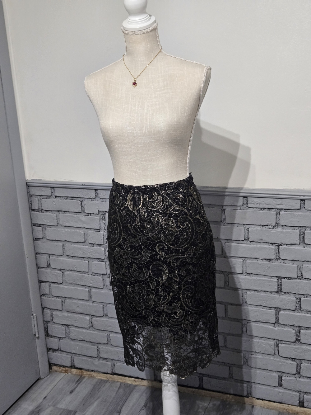 Sans Souci Black Lace Midi Skirt with Gold Accents